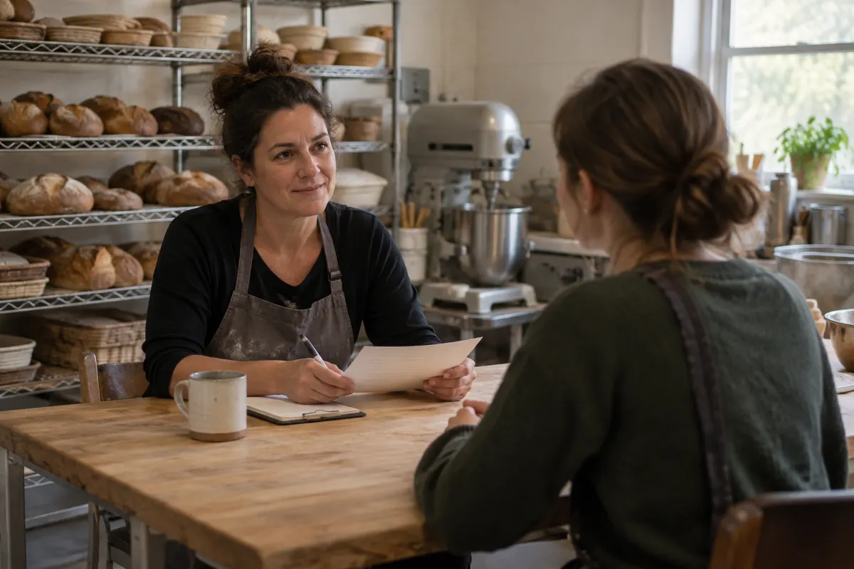 A bakery owner interviews a job candidate at a table in the back of the shop