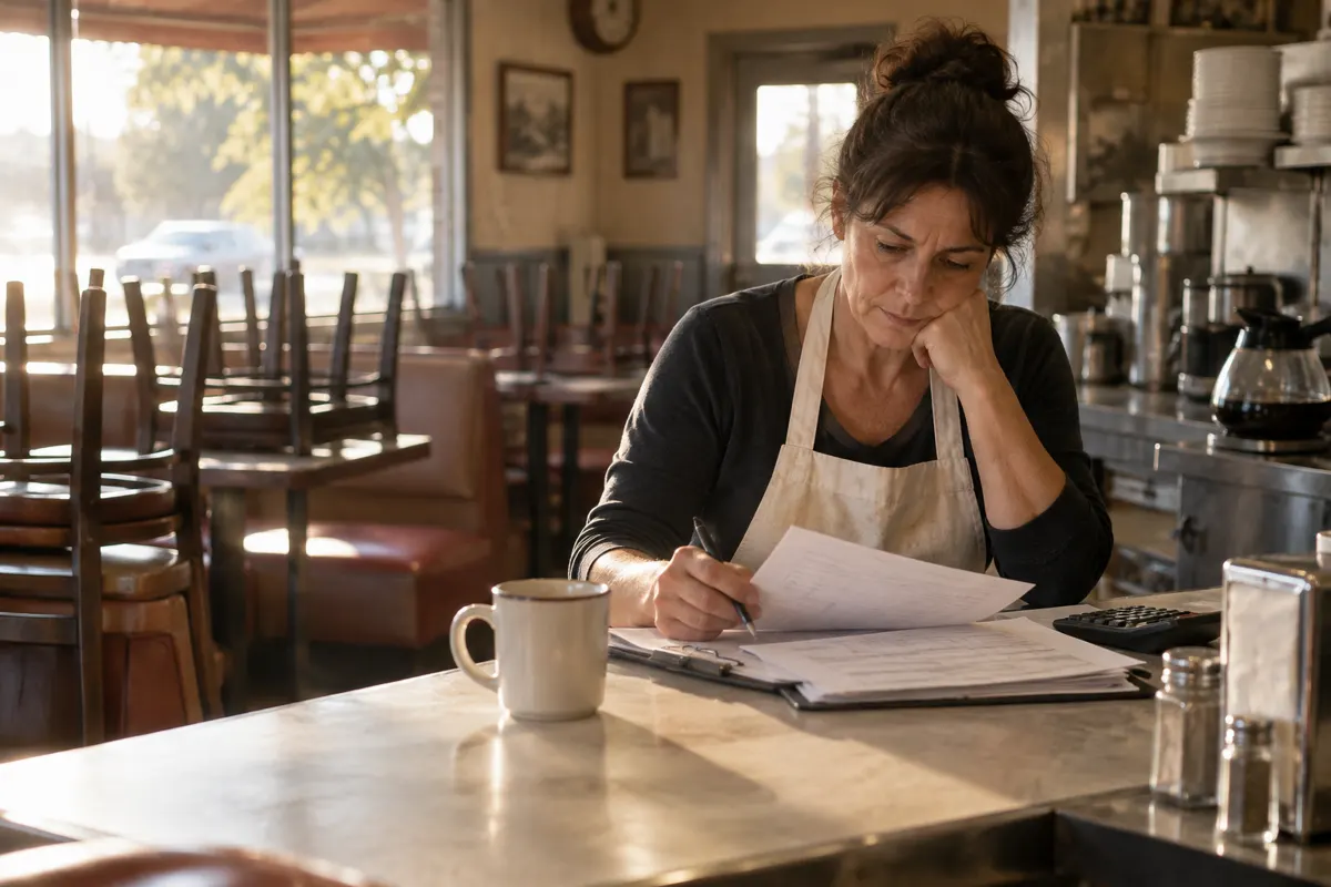 A diner owner reviews payroll and schedules at the counter before opening